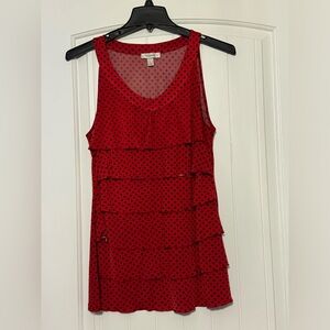 Dress Barn Ladies Ruffled Shirt Sleeveless Red White Polka Dot Large